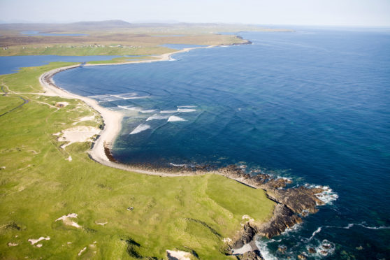 Aerial view of Ghoile Chroic beach and coastline on the west coast of Lewis