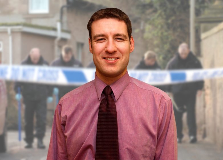 Collage of Alistair Wilson smiling at the camera on a blurred police background.