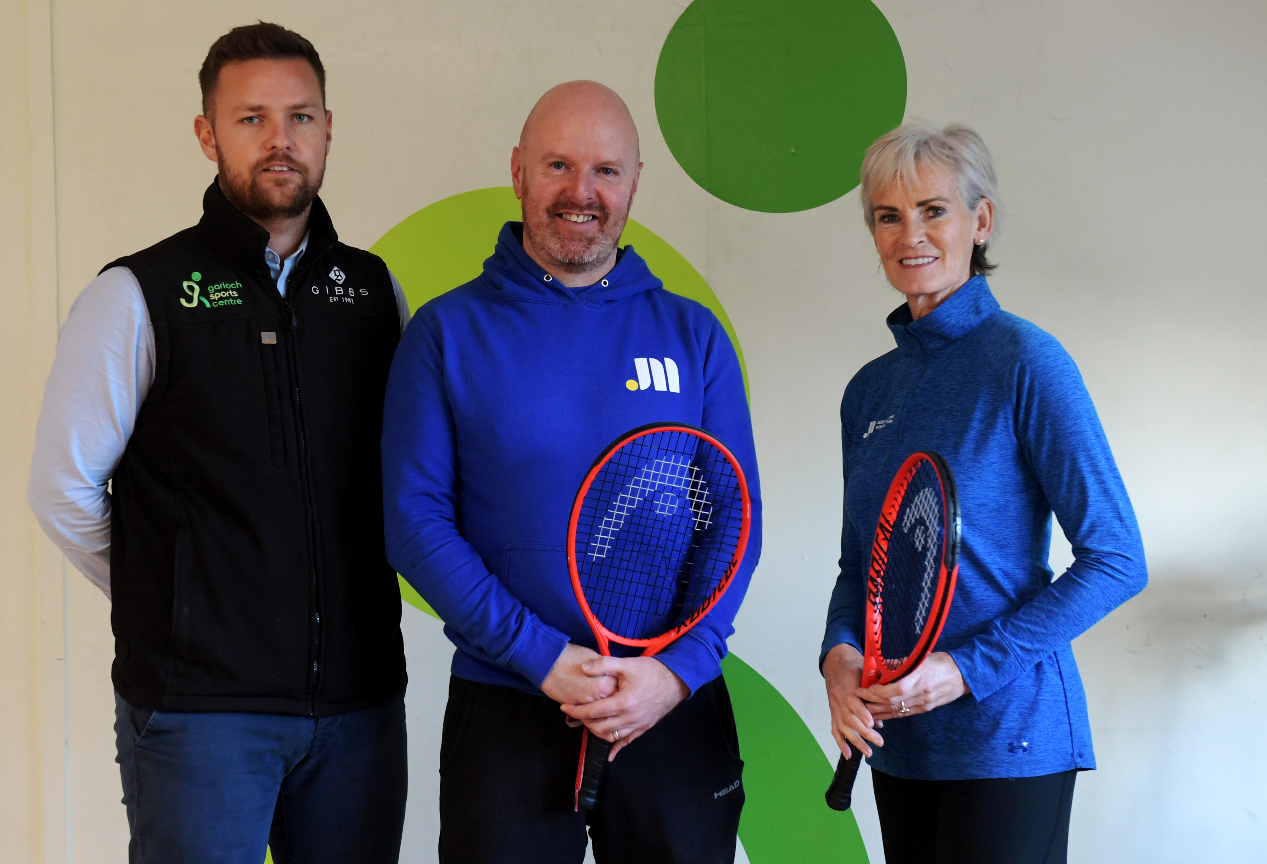 From left, chief operating officer at Garioch Sports Centre Kevin Bonarius, Judy Murray Foundation project manager Kris Soutar and Judy Murray. 
Picture by Kath Flannery