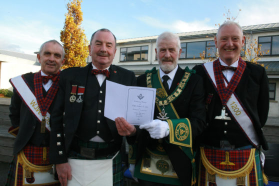 Left to right: David Stafford  Lodge 1200, Leslie Gow RWM Lodge 1200, Dave Crilly Provincal Grand Master of Inverness-Shire, John McIntyre Lodge 1200