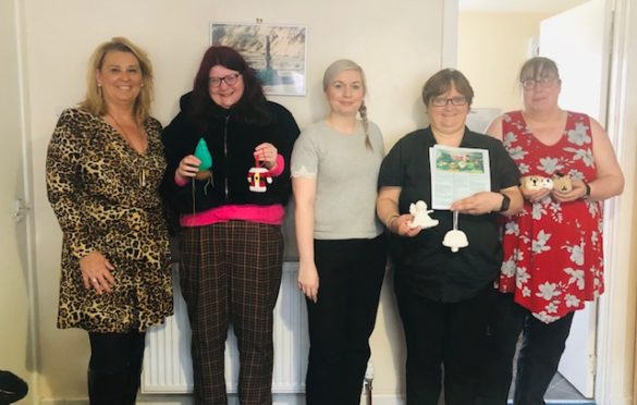 Dianne Beagrie, Sarah, Jackie Matthew, Isobel Robertson, Alison Maclean begin knitting and crocheting items to decorate the town tree