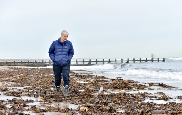 Gail Dicksman picking up some of the rubbish washed up on Aberdeen Beach.