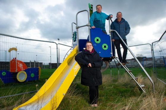 Buckie Councillors Gordon Cowie, Sonya Warren and Tim Eagle pictured at the Ian Johnston Park in Buckie. Picture by Jason Hedges.