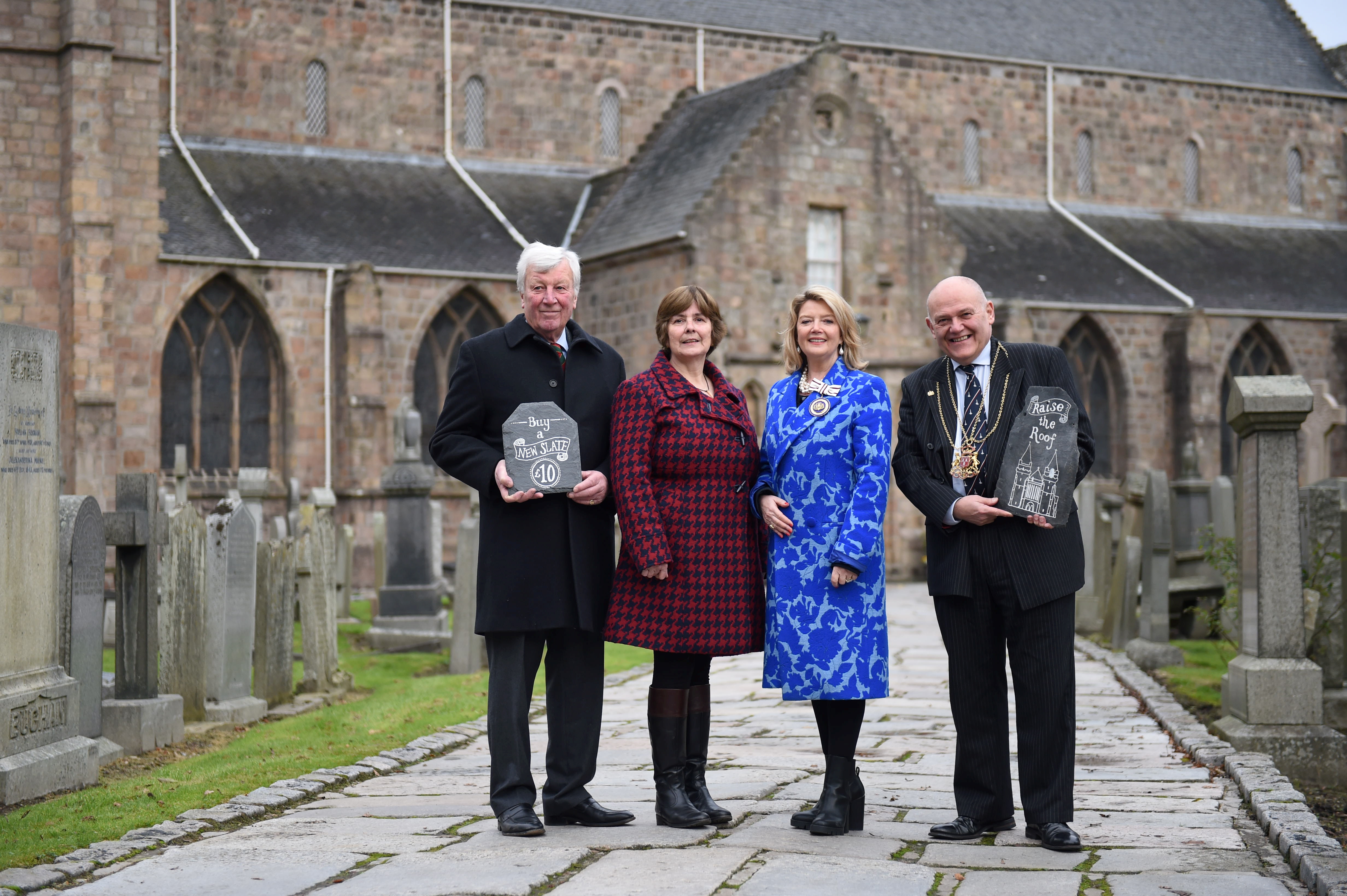L-R: James Ingleby, lord lieutenant Aberdeenshire, Shona Mutch Co Treasurer and fundraisning campaigner, Fiona Kennedy OBE DL singer and church member and Barney Crockett Lord Provost.