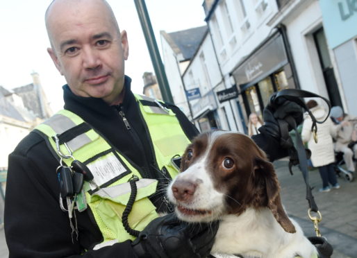 Tobacco sniffer dog Dixie with her handler Bobby Crainey. Picture by Sandy McCook