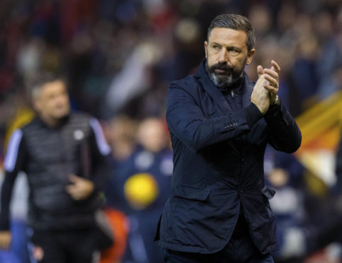 Aberdeen manager Derek McInnes is pictured celebrating after the Ladbrokes Premiership match between Aberdeen and Kilmarnock