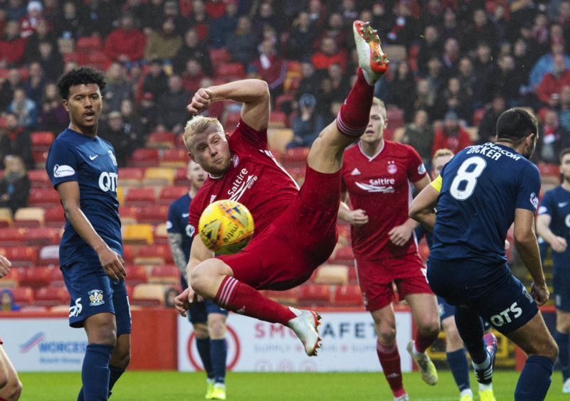 Aberdeen's Curtis Main attempts an overhead kick during the Ladbrokes Premiership match between Aberdeen and Kilmarnock