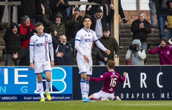 Arbroath's Scott Stewart celebrates his goal to make it 1-0 during the Ladbrokes Championship match between Arbroath and Inverness Caley Thistle.