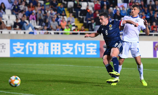 John McGinn strikes to make it 2-1 to Scotland during the UEFA European qualifier between Cyprus and Scotland, at the GSP Stadium, on November 16, 2019, in Nicosia, Cyprus.