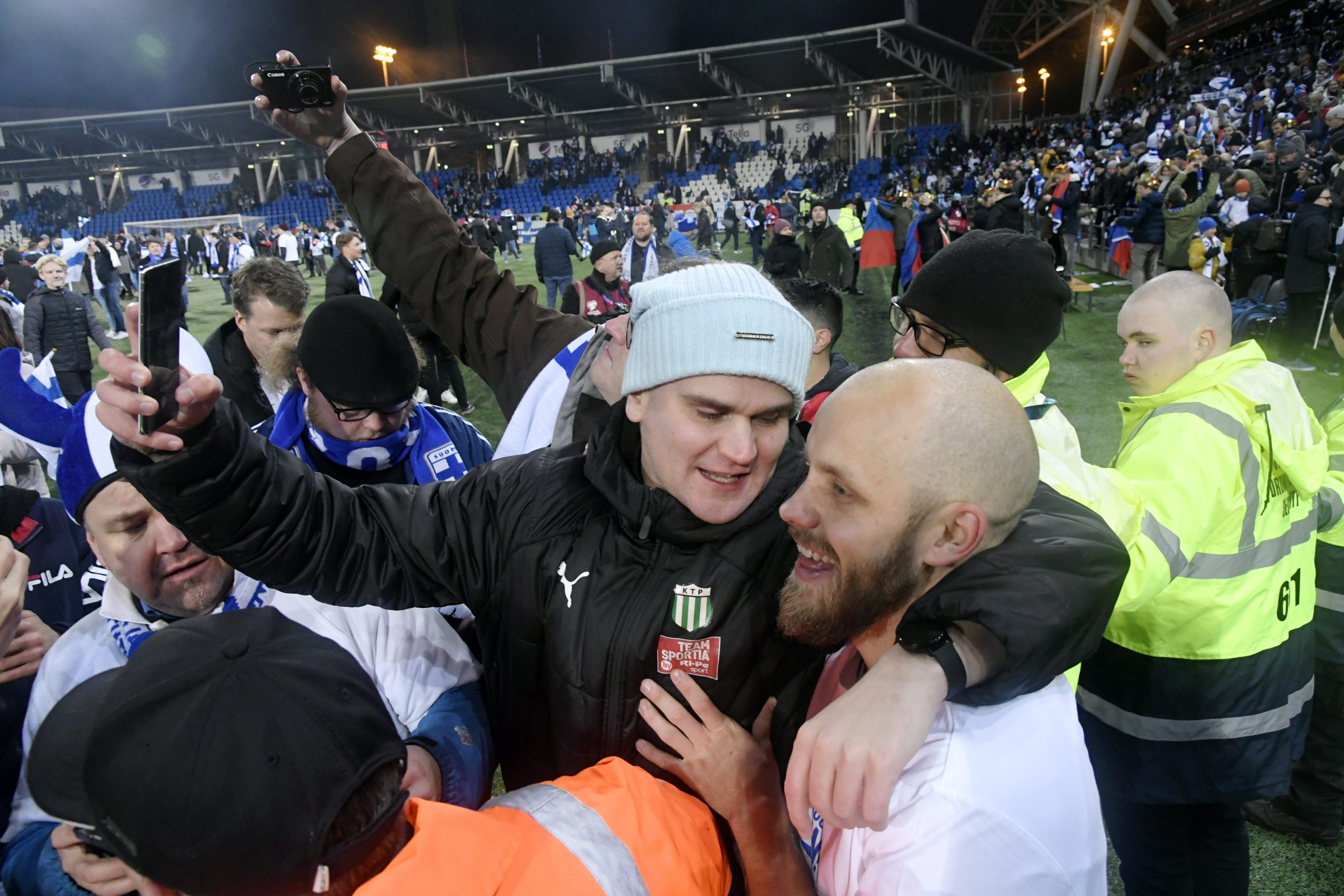 Teemu Pukki of Finland celebrates with fans after their victory in the Euro 2020 Group J qualifying soccer match between Finland and Liechtenstein in Helsinki, Finland, on Friday.