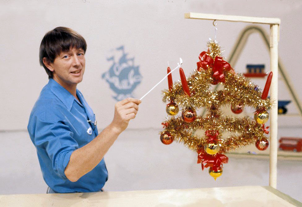 John Noakes with a Christmas decoration on the Blue Peter children's TV programme - BBC picture