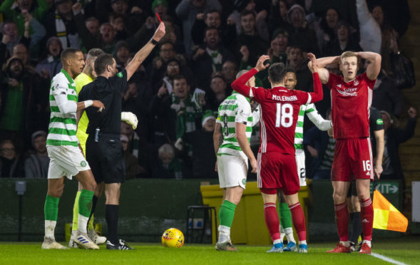 Aberdeen's Sam Cosgrove is sent off.