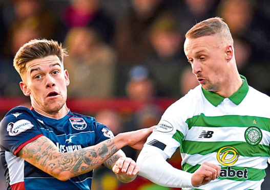 Celtic's Leigh Griffiths and Joshua Mullin in action during the Ladbrokes Premiership match between Ross County and Celtic