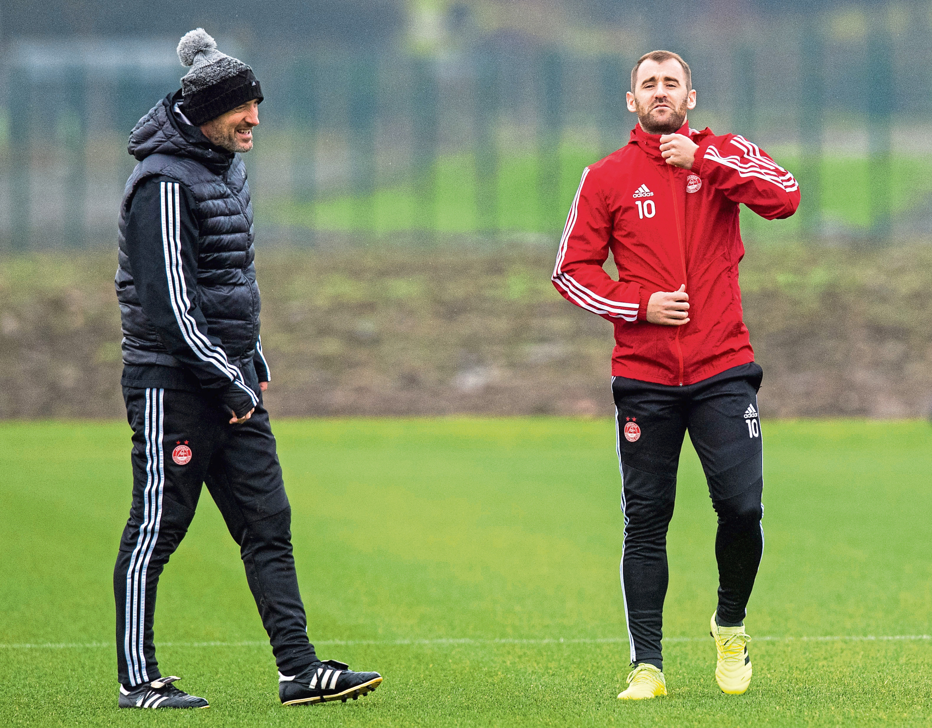 Niall McGinn and Tony Docherty during Aberdeen training at Cormack Park.
