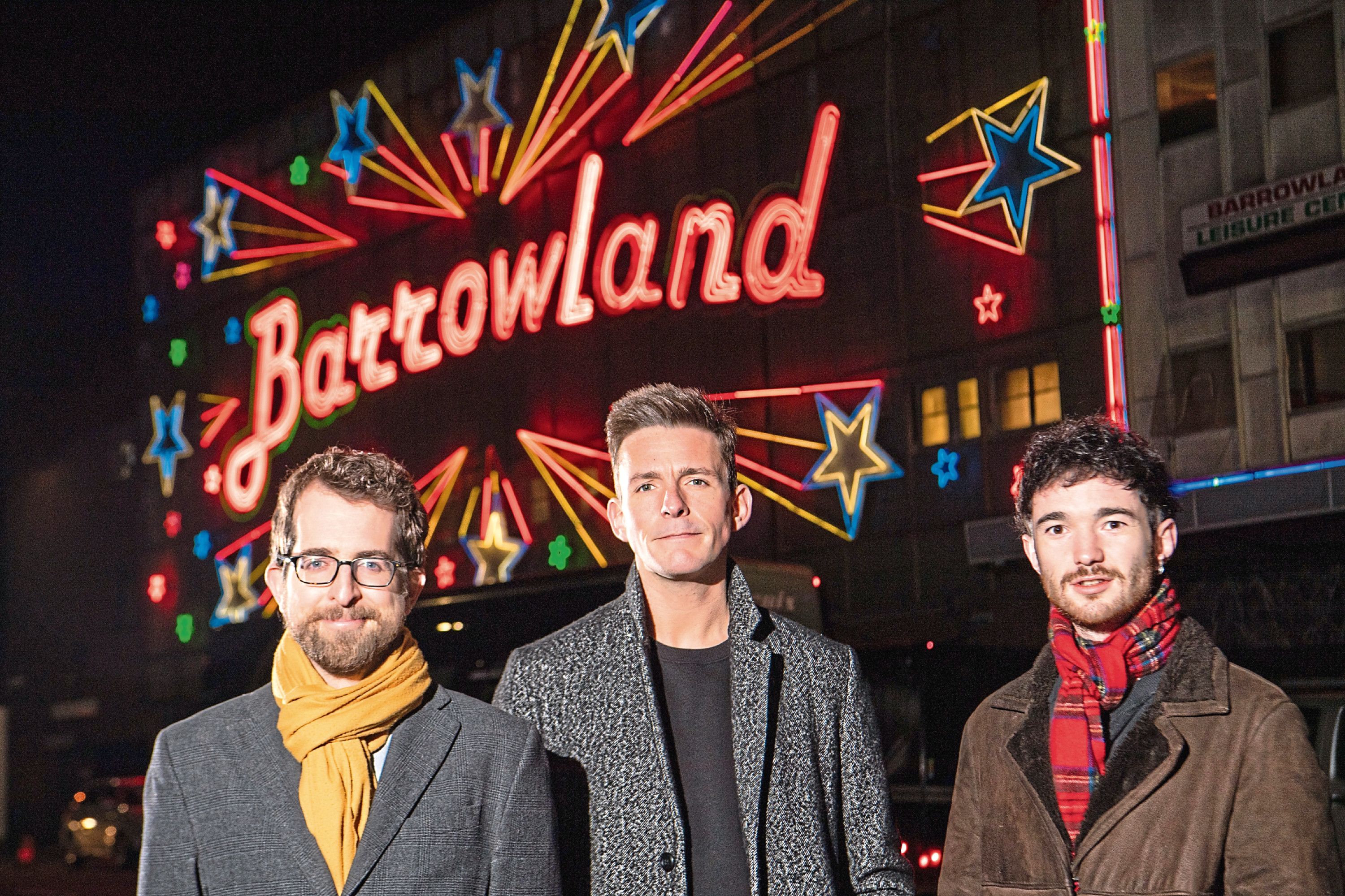 Matt Brennan, a Reader in Popular Music at the University of Glasgow; Glasgow PhD student Robert Allan, also a founding and current member of the band Glasvegas and Robert Kilpatrick, General Manager of the Scottish Music Industry Association (SMIA) in front of the iconic Glasgow Barrowland Ballroom.