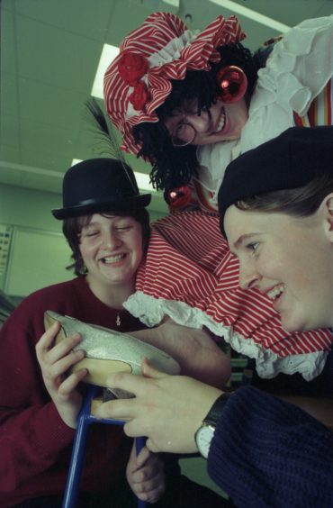 Neil Campbell, Elizabeth Rennie and Amanda Reid in Buckie High School Christmas pantomime 'Mother Goose' in 1995.