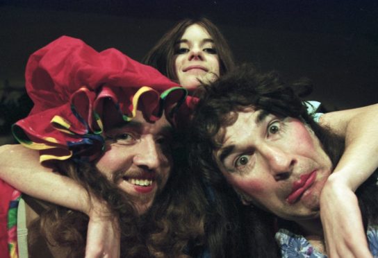 Jennifer Thoms, Tony Gripps and Pete Thoms in Hopeman Amateur Dramatic Society pantomime 'Snow White and Seven Dwarfs' and Ugly Sisters in 1999.