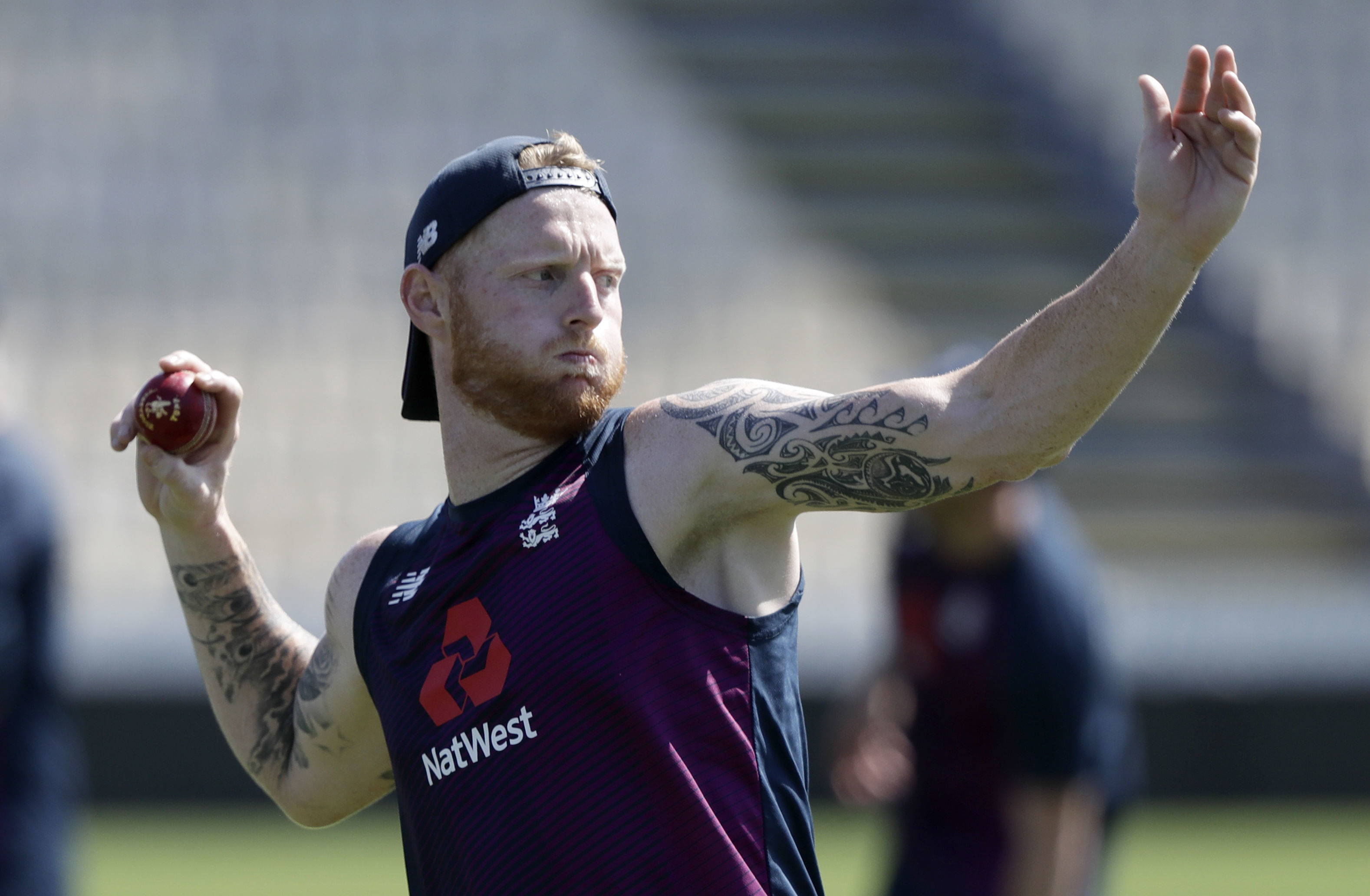 England's Ben Stokes throws the ball during a training session ahead of the second cricket test between England and New Zealand at Seddon Park in Hamilton, New Zealand, Wednesday, Nov. 27, 2019.