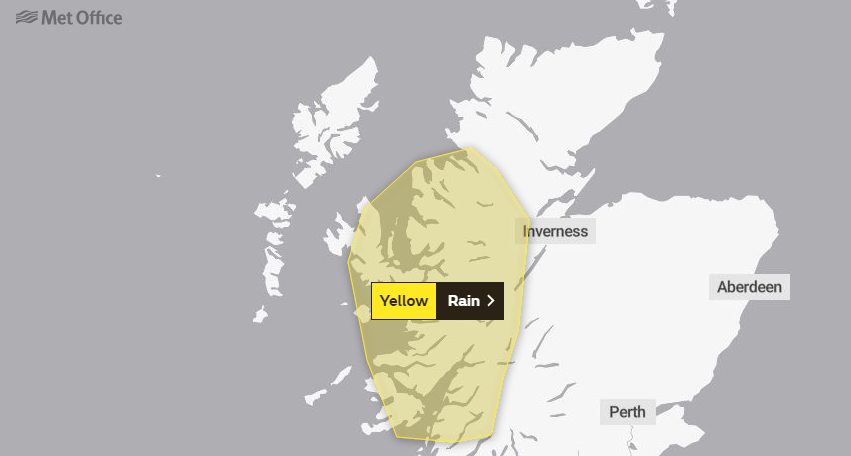 The Met Office has issued a yellow weather warning for parts of the Highlands.
