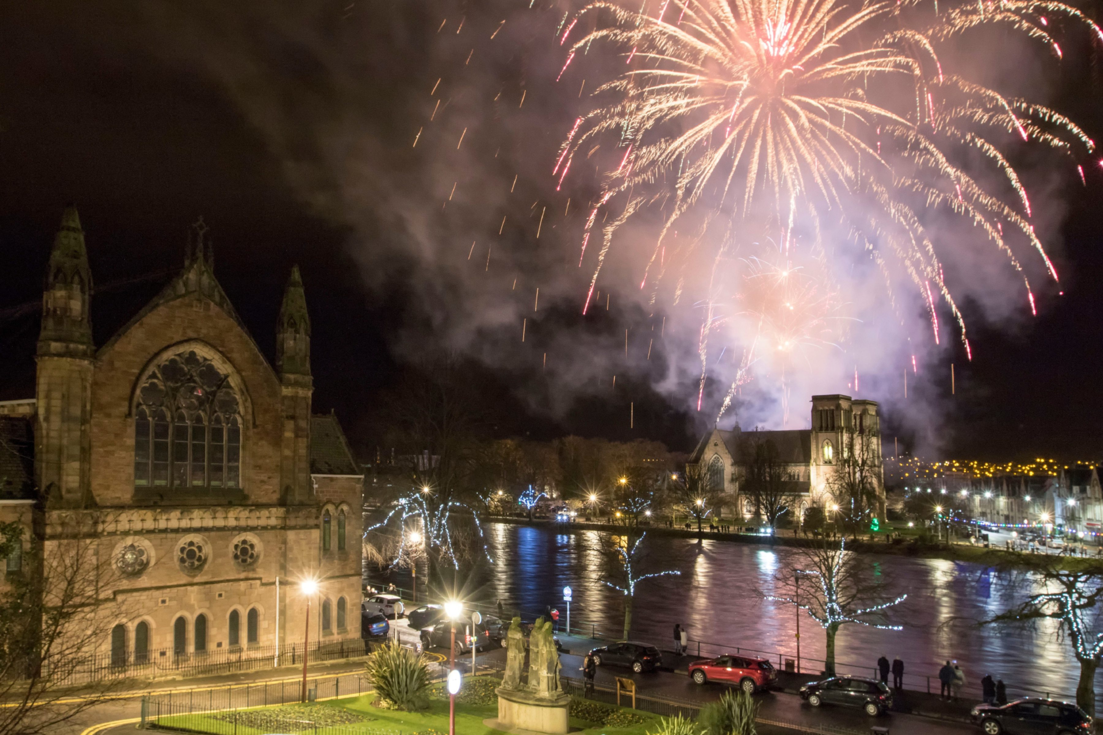 Fireworks over the River Ness and Inverness Cathedral.