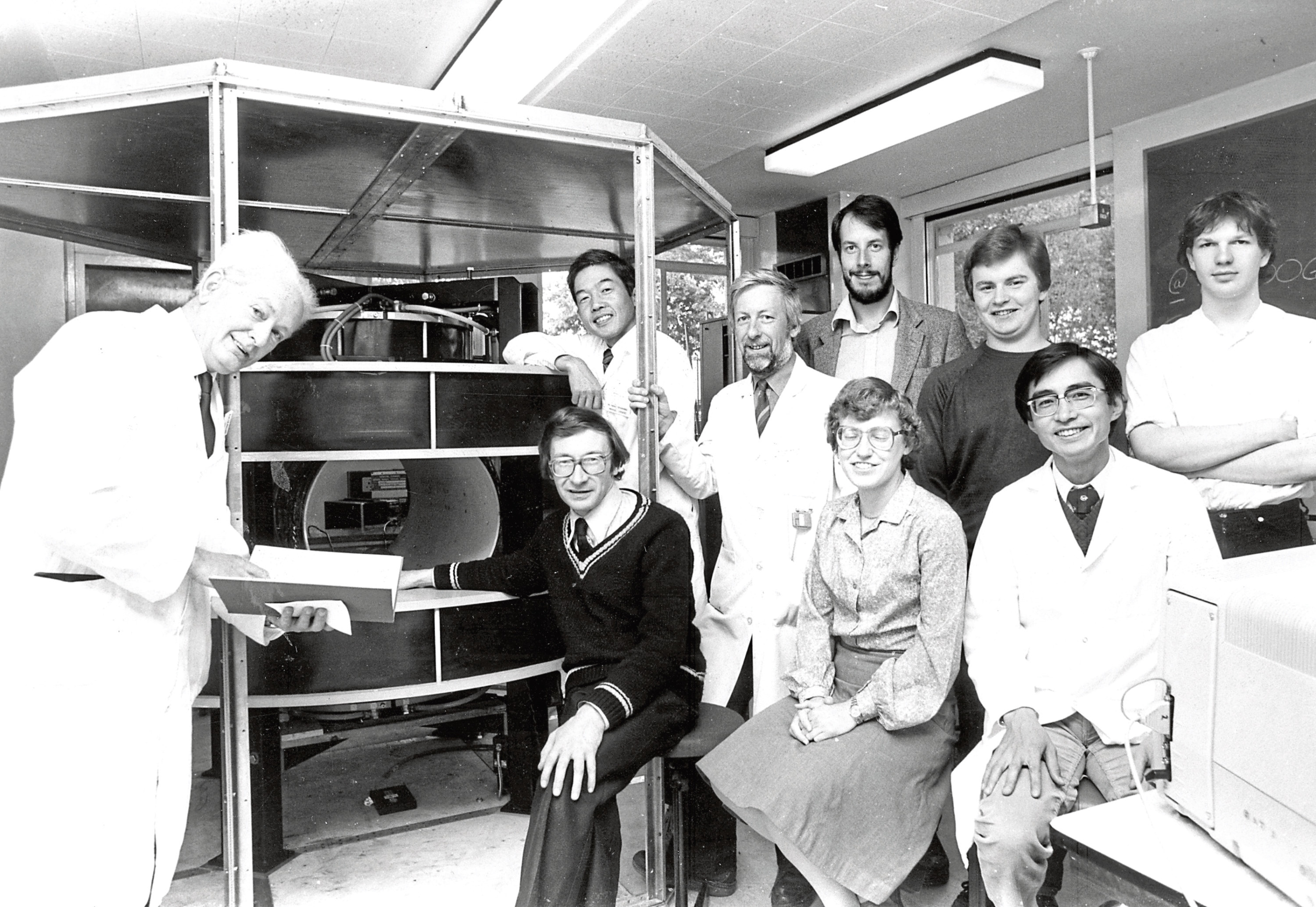 Leading the way for the revolutionary imager, Professor John Mallard (left) with his team from the Department of Medical Physics.