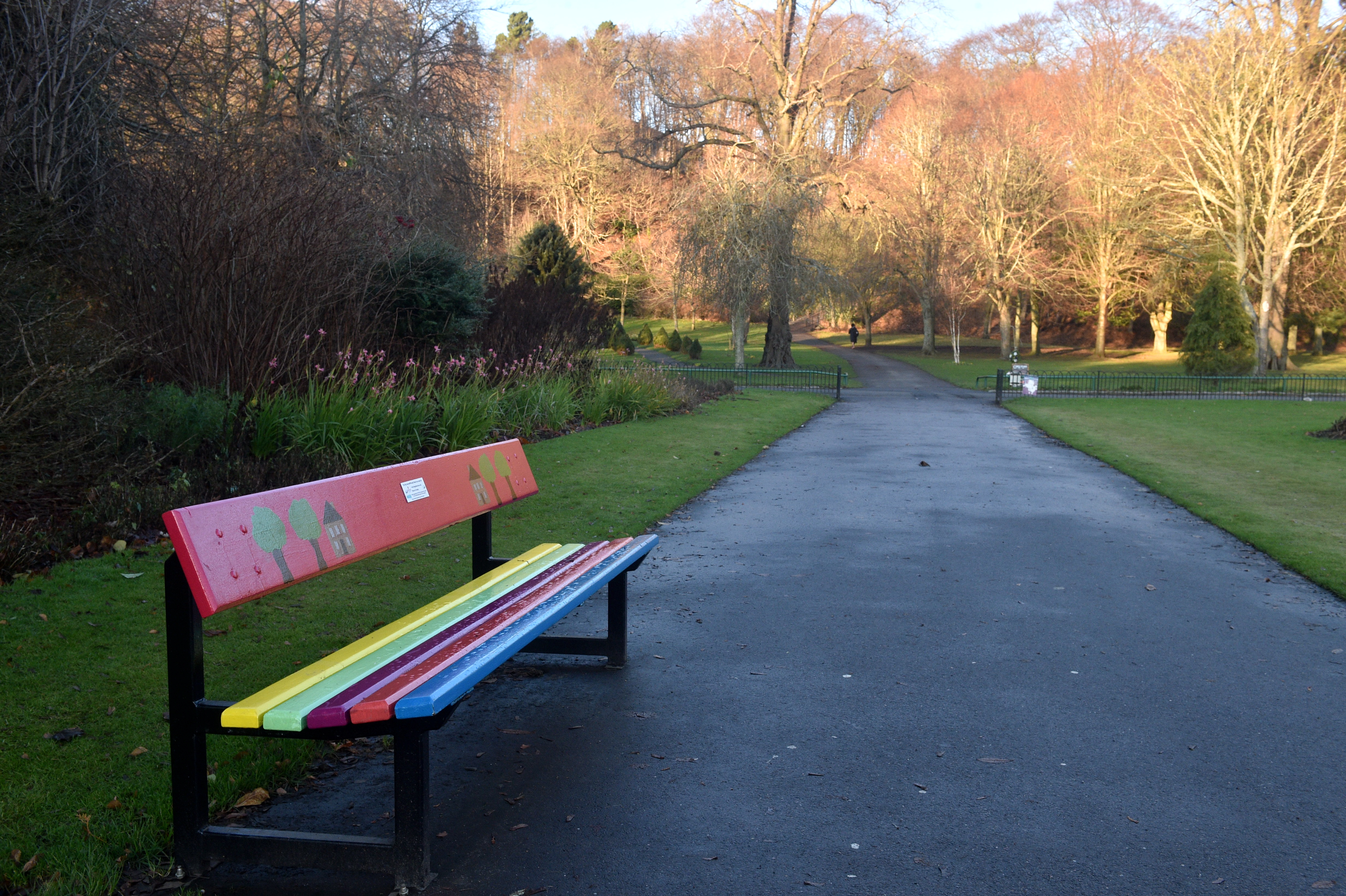 The new colourful bench in Seaton Park designed by St Machar Academy students for Langstane Housing Association.
Picture by Darrell Benns.