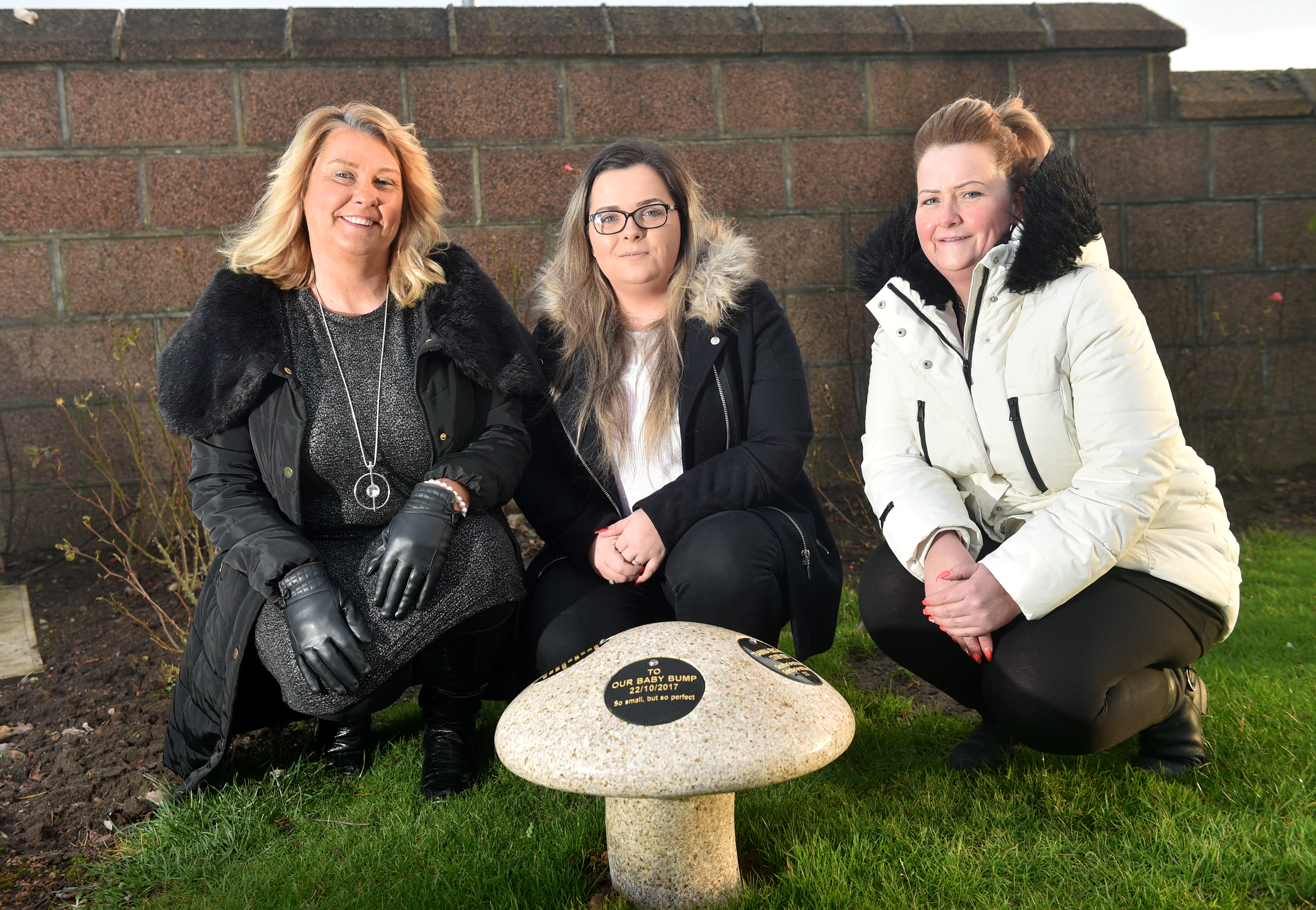 Pictured are from left, Dianne Beagrie, Sinead McKenzie and Karen Brown at Grange Cemetery, Peterhead. Mushrooms have been installed at Aden Country Park and at Grange Cemetery Peterhead as a place for the SANDS charity (stillborn and neonatal death charity) members to go to remember their lost ones. 
Picture by DARRELL BENNS 
Pictured on 12/12/2019