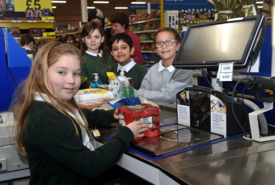 Pictured are from left, Alice Connell, 9, Abby Clark, 9, Zayyan Baig, 9 and Emma Arteaga, 9. Pupils at the supermarket sweep