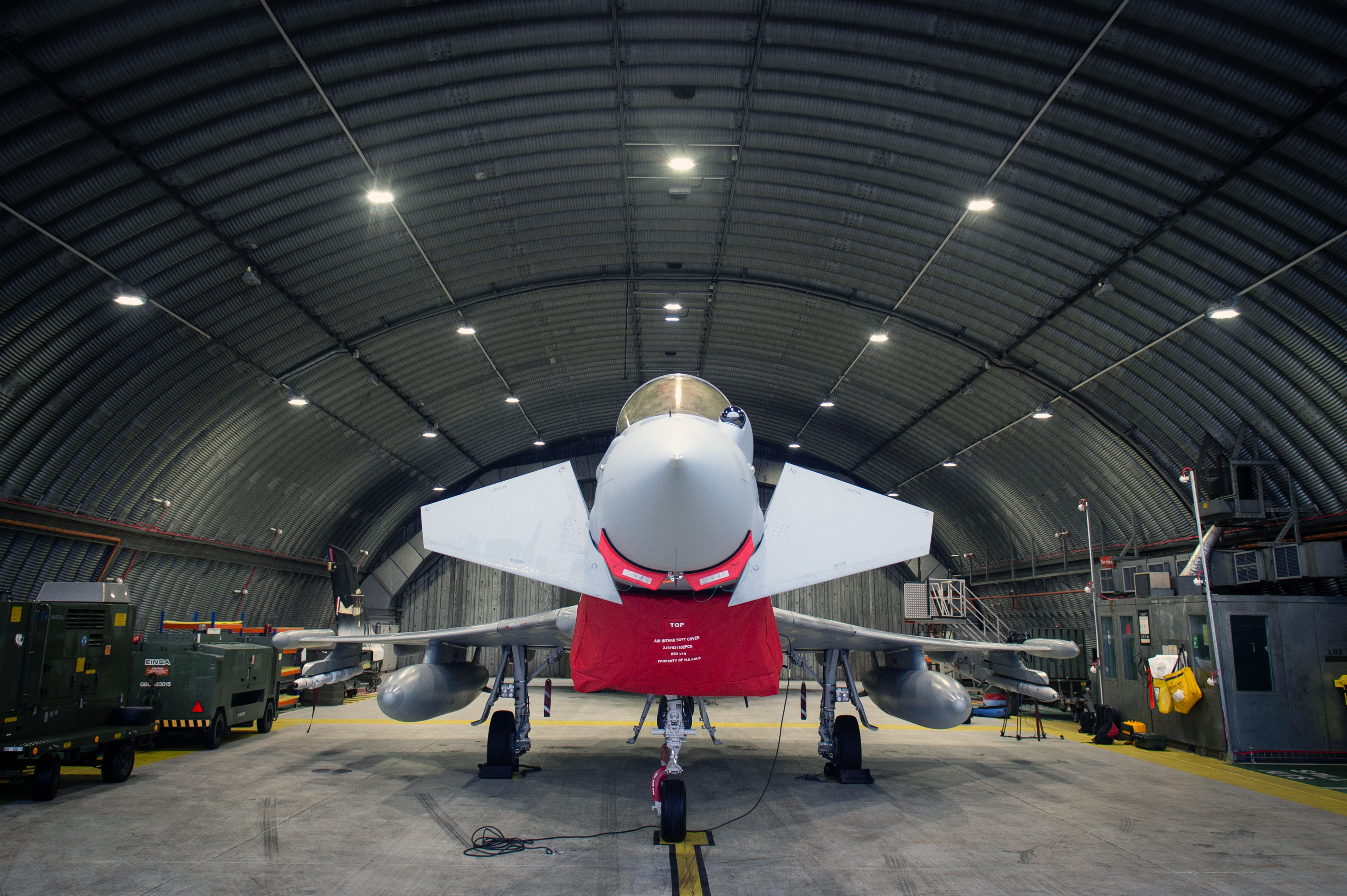RAF Typhoon inside an armoured shelter at RAF Lossiemouth.