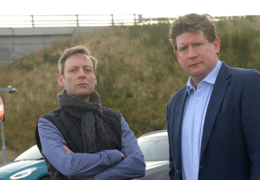 From left, Liam Kerr MSP and Alex Burnett MSP at the Kingswells South sliproad off the AWPR. 
Picture by KATH FLANNERY