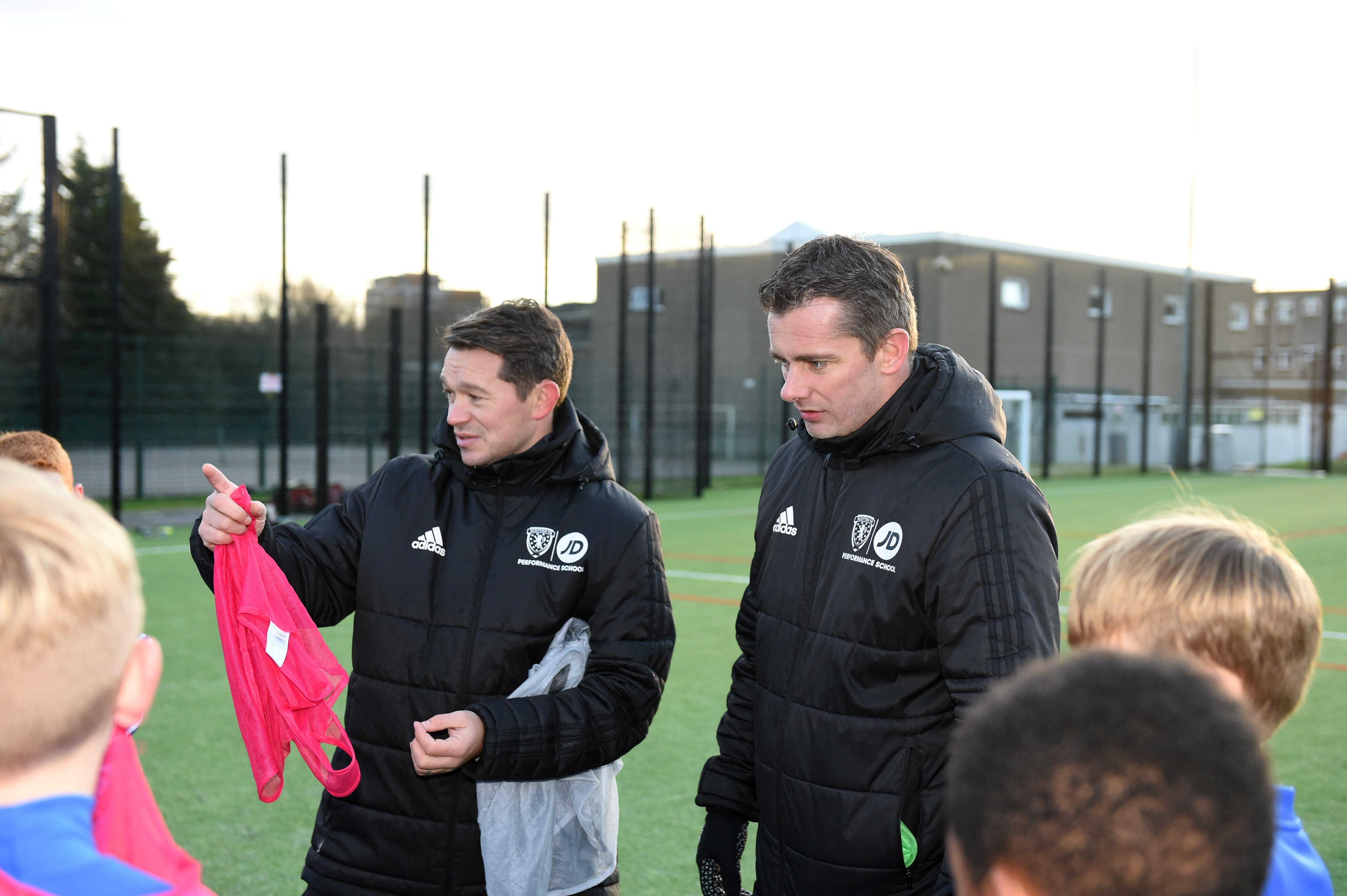 Performance School coaches Derek Young and Stuart Glennie prepare to start the session at Hazlehead Academy.