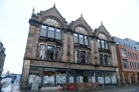 The newly unveiled facade of the former AI Engineering works in Academy Street, Inverness following months of restoration works. Picture by Sandy McCook