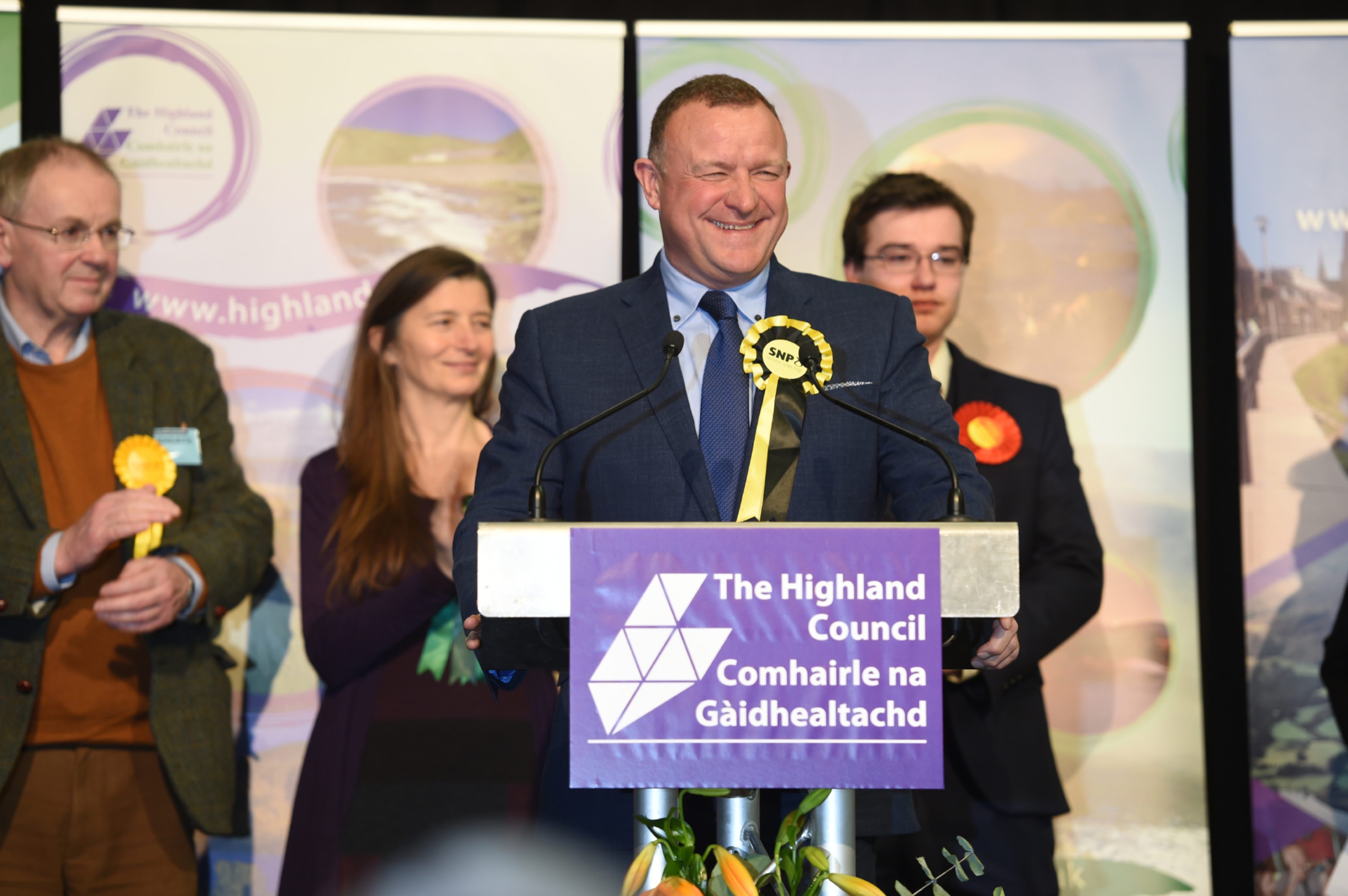 SNP's Drew Hendry celebrates being re-elected for the Nairn, Badenoch and Strathspey seat at Inverness Sports Centre. Picture by Sandy McCook