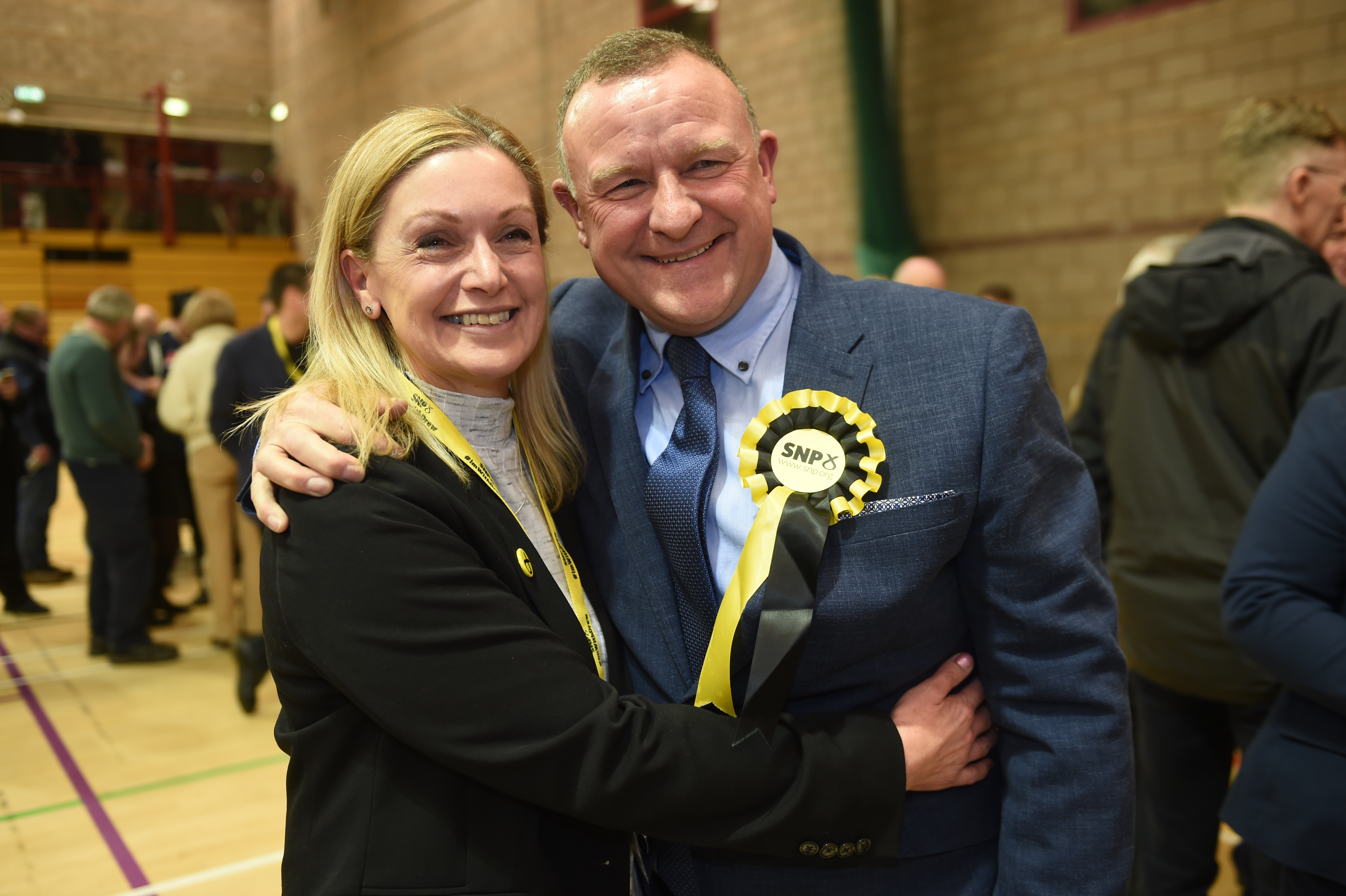 SNP’s Drew Hendry celebrates being re-elected for the Nairn, Badenoch and Strathspey seat at Inverness Sports Centre. Picture by Sandy McCook