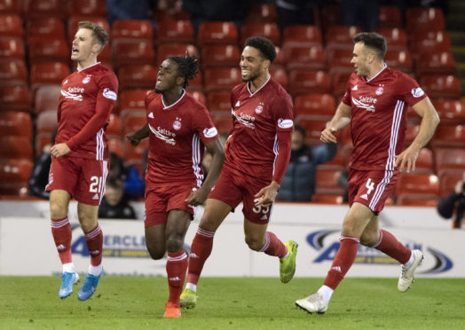 Aberdeen's Jon Gallagher (left) celebrates his goal with Greg Leigh, Zak Vyner and Andy Considine.