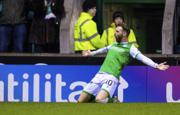 Martin Boyle celebrates his opening goal in Hibernian's 3-0 win over Aberdeen.