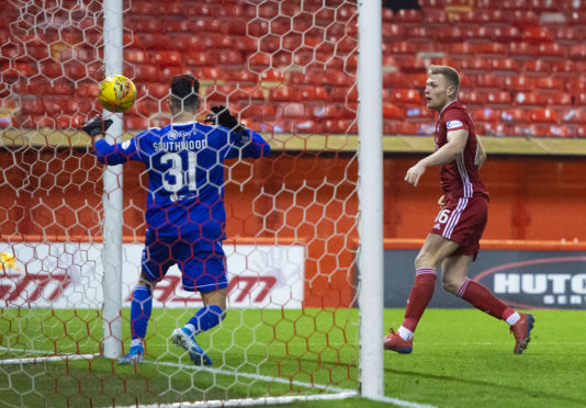 Sam Cosgrove makes it 1-0 during the Ladbrokes Premiership match between Aberdeen and Hamilton Academical.