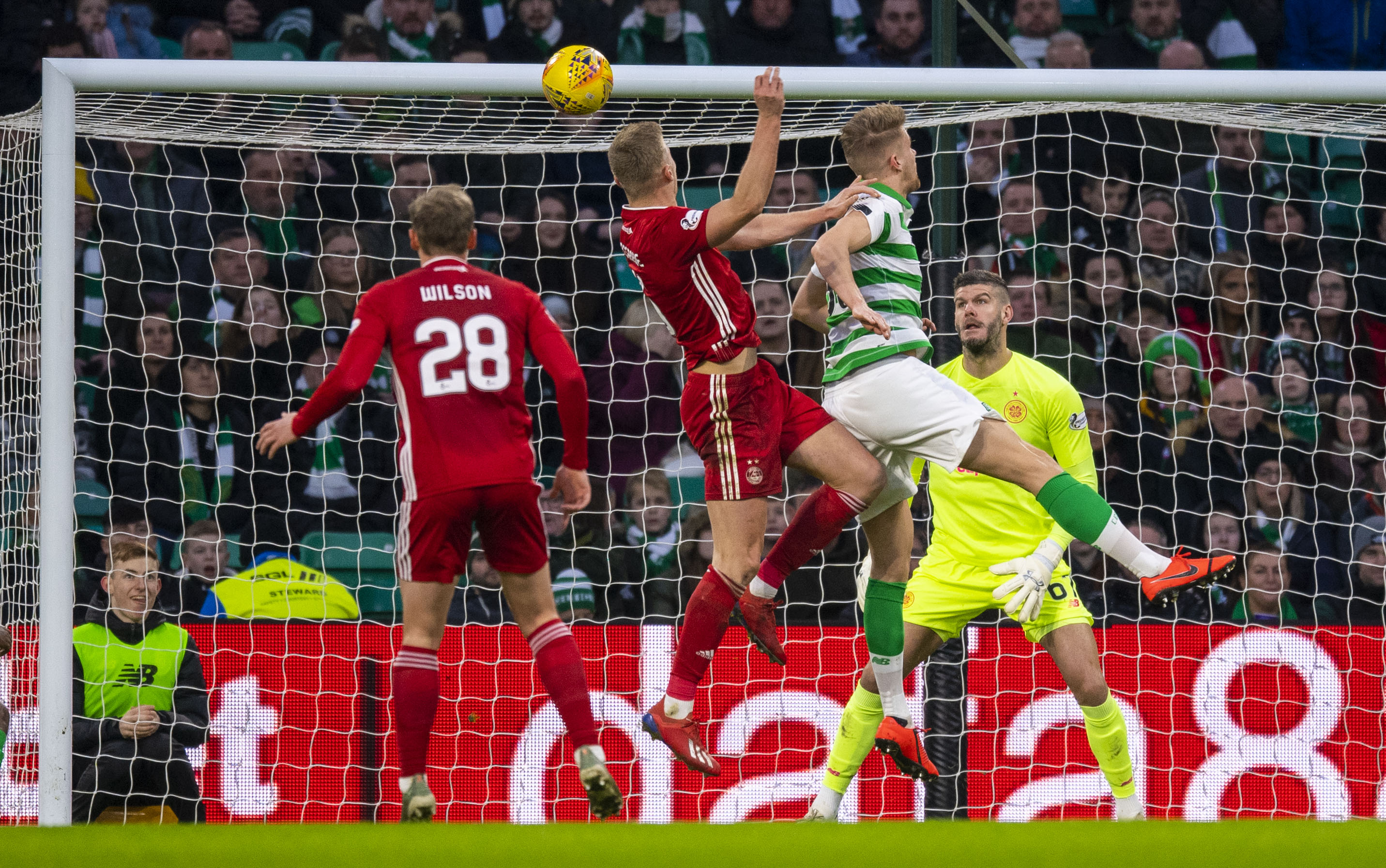 Sam Cosgrove scores the equaliser during a Ladbrokes Premiership match between Celtic and Aberdeen.