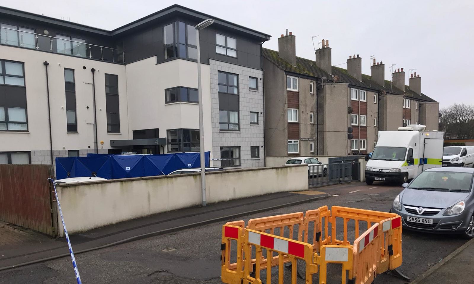 Police cordon at the Oakhill apartments on Ruthrieston Crescent, Aberdeen.