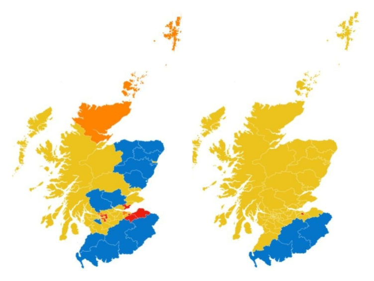 Current political  make-up, left, and exit poll predictions, right