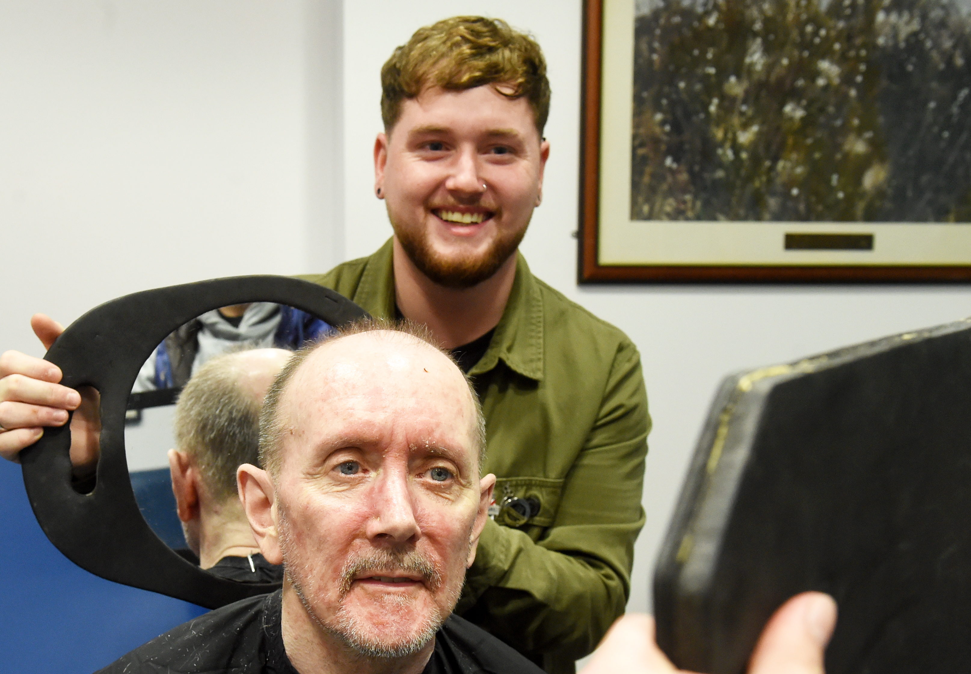 Patient, James Blair and hairdresser Liam Robertson, from Hombre. 
Picture by Jim Irvine