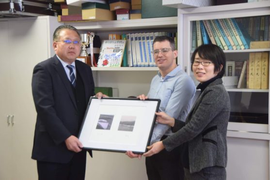 Satoru Yonemoto (Headteacher, Yubari Primary School), Dr Leslie Mabon, and Manami Sato. At Yubari Primary School in January 2020