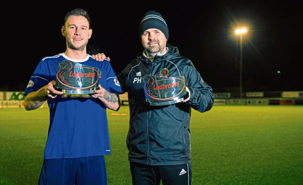 Cove Rangers manager Paul Hartley and striker Mitchel Megginson after receiving the Ladbrokes League 2 Manager and Player of the Month awards for January, at the Balmoral Stadium.