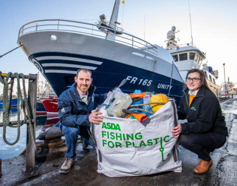 Sarah McCann from ASDA and David Bellany from Denholm Seafoods launch the Fishing for Plastic scheme.