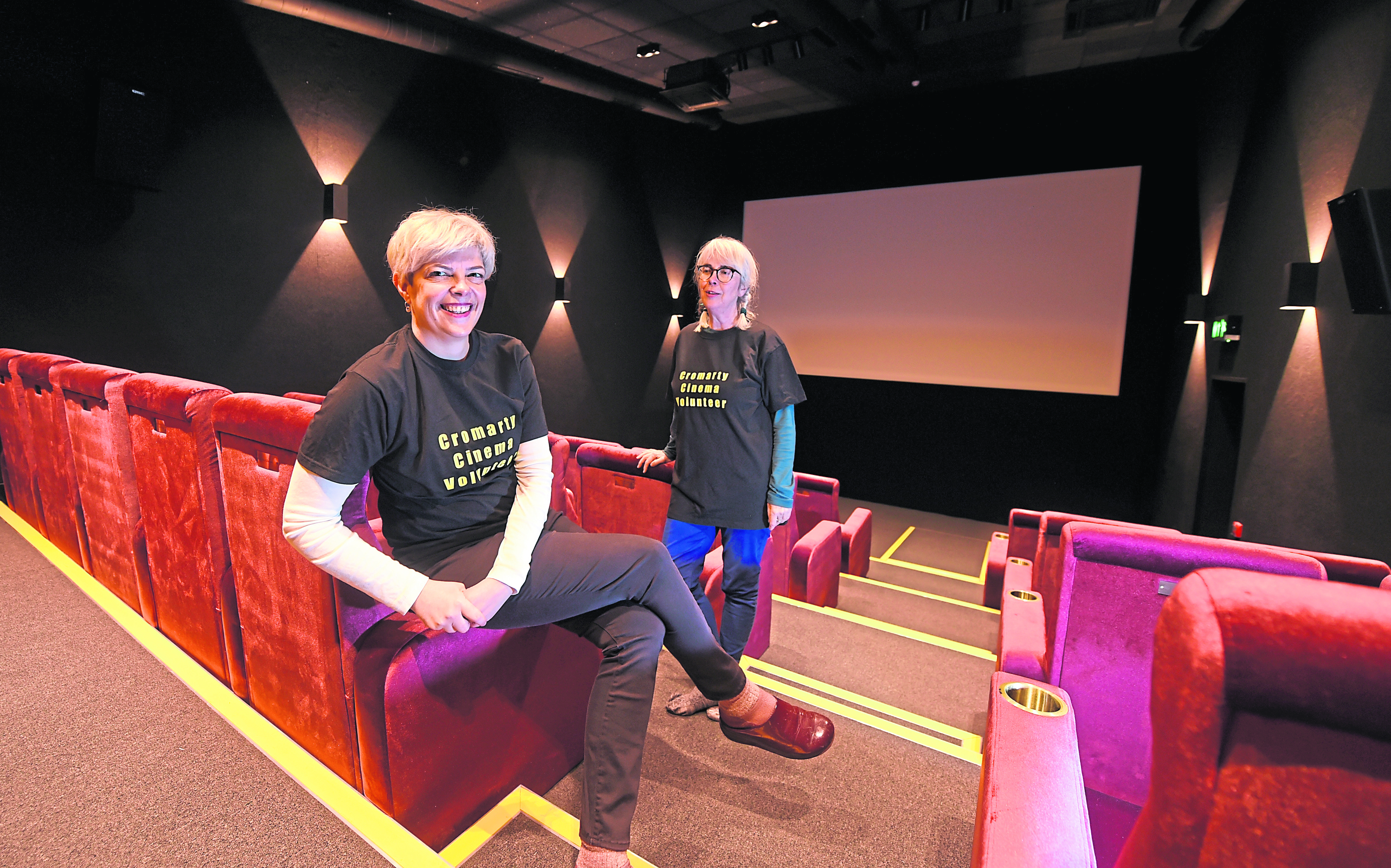 Trustees off the Cromarty Cinema, Tanya Karlebach (L) and Nicola White in the new facility which opened in the village last night. Picture by Sandy McCook