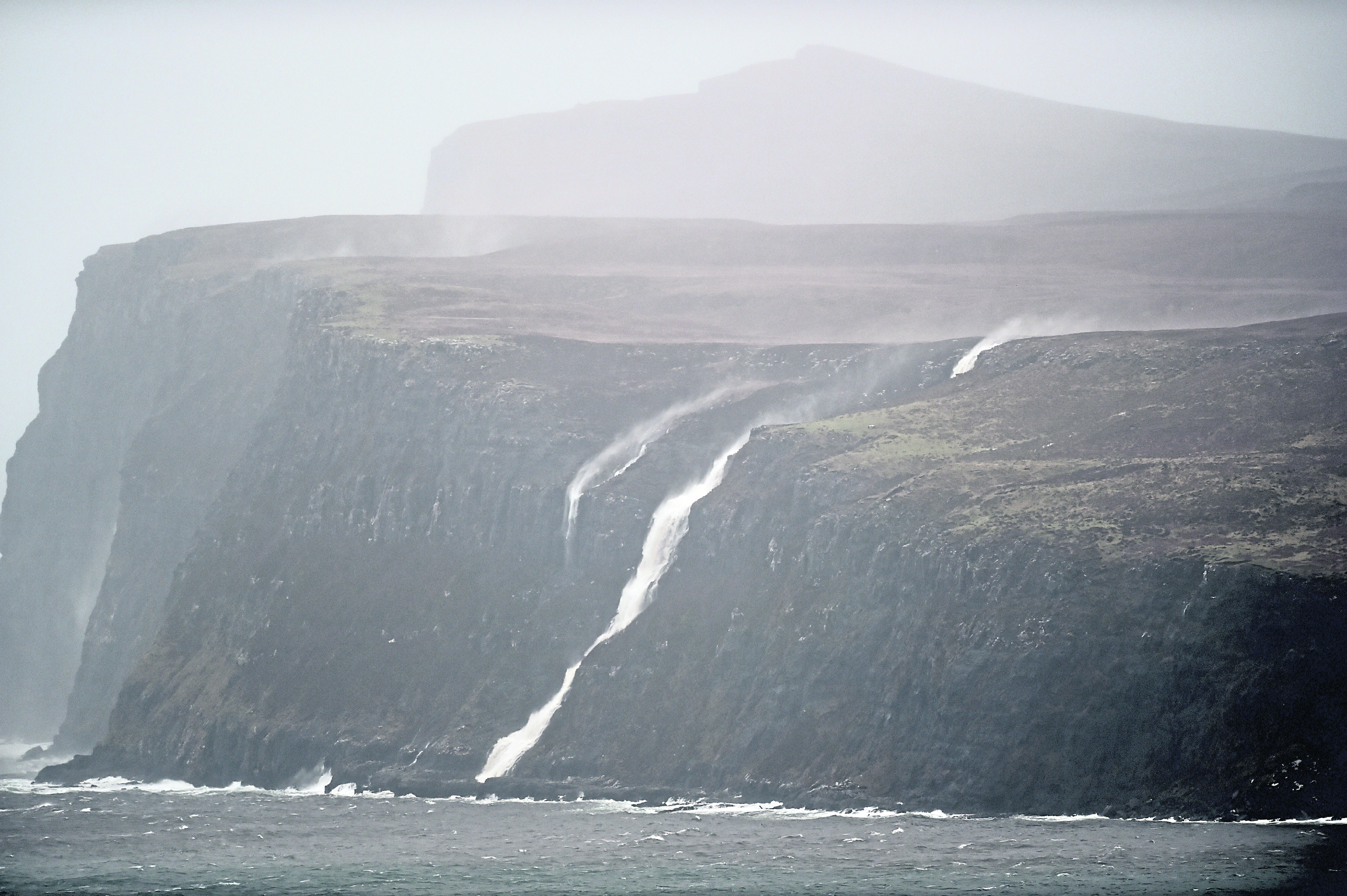 A waterfall is blown uphill at Glendale, Skye. 
Picture by Sandy McCook