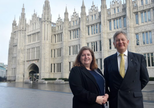 SNP Deputy Group Leader Jackie Dunbar and new SNP Group Leader Alex Nicholl outside Marischal College, Aberdeen.
Picture by Darrell Benns