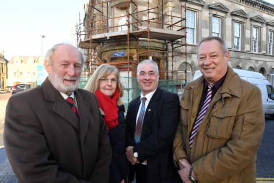 Fraserburgh councillors Charles Buchan, Doreen Mair, Brian Topping and Andy Kille at the Faithlie Centre where refurbishment work is ongoing.