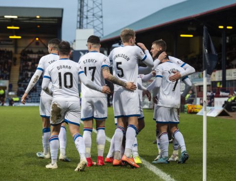 James Keatings, right, celebrates his goal to make it 2-0 during the Ladbrokes Championship match between Dundee and Inverness CT.