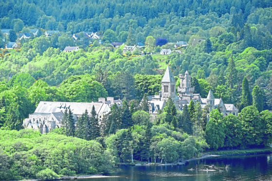 Fort Augustus Abbey with the village of Fort Augustus and the Caledonian Canal.
